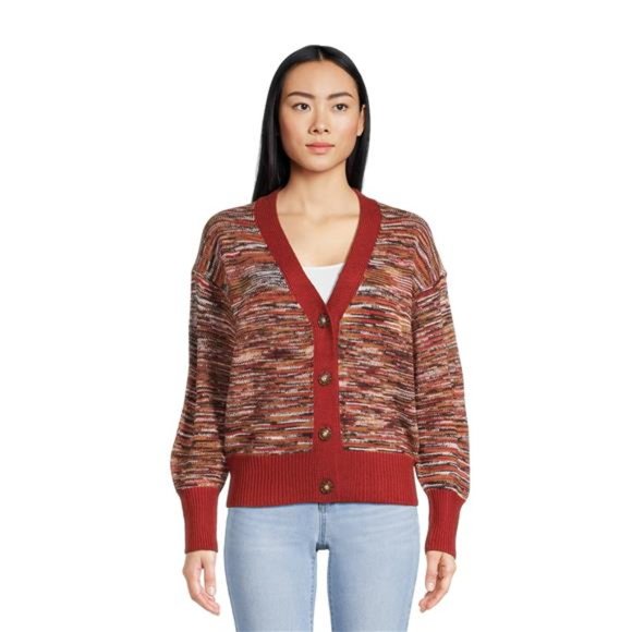 Women's V-Neck Cardigan Sweater with Long Sleeves, Sizes S-XXXL - Picture 1 of 5